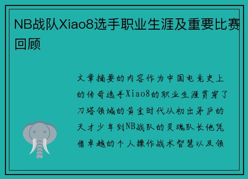 NB战队Xiao8选手职业生涯及重要比赛回顾