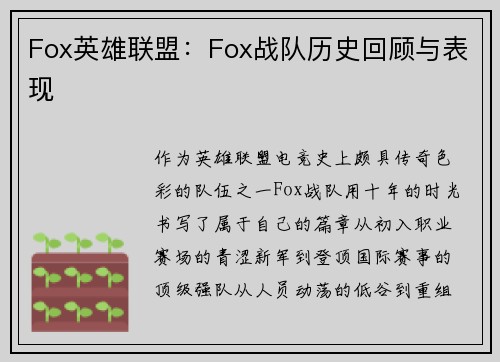 Fox英雄联盟：Fox战队历史回顾与表现